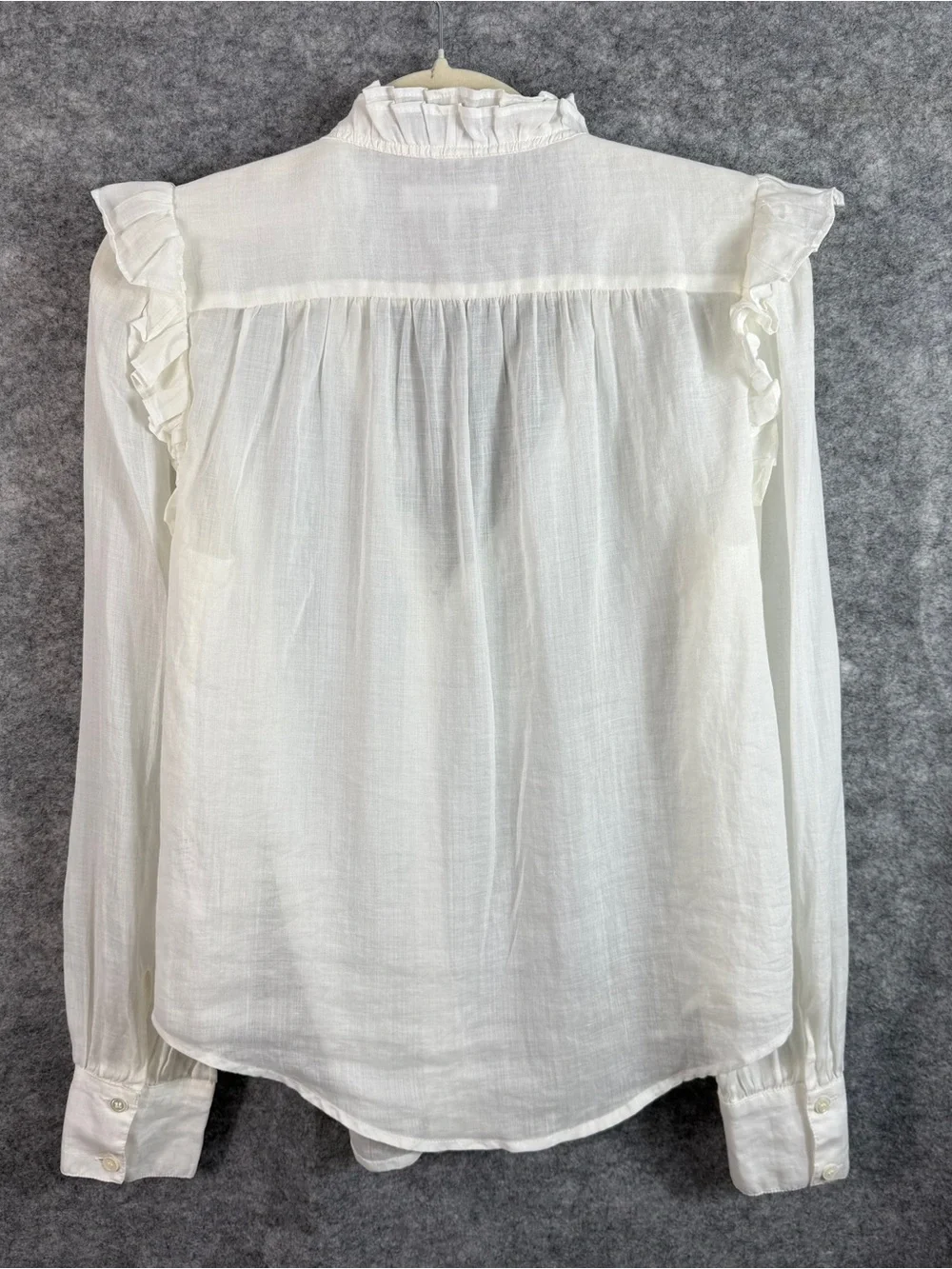 FRAME Ruffled Blouse Lauren White Ramie Gauze Size M Sheer Long Sleeve Top